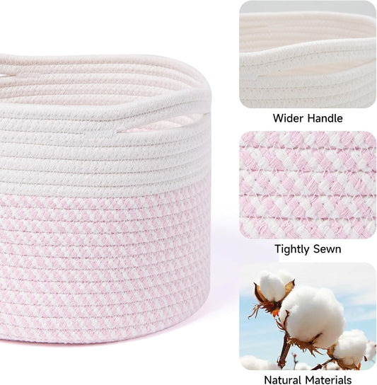 MiniArk Small Basket for Organizing | Cube Shelf Closet Storage Baskets | 9.7×9.7×7.1” | Woven Rope Gift Basket | Nursery | Round 3 Packs Pink