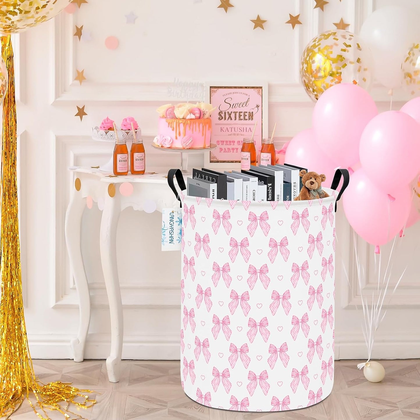 Pink Bowknot Laundry Basket Canvas Fabric Collapsible Organizer Basket for Girls Room Storage Bin Toy Bins Gift Baskets Bedroom Clothes Hamper (Pink Bowknot)