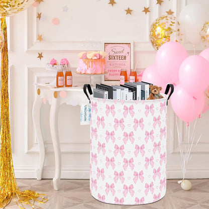 Pink Bowknot Laundry Basket Canvas Fabric Collapsible Organizer Basket for Girls Room Storage Bin Toy Bins Gift Baskets Bedroom Clothes Hamper (Pink Bowknot)