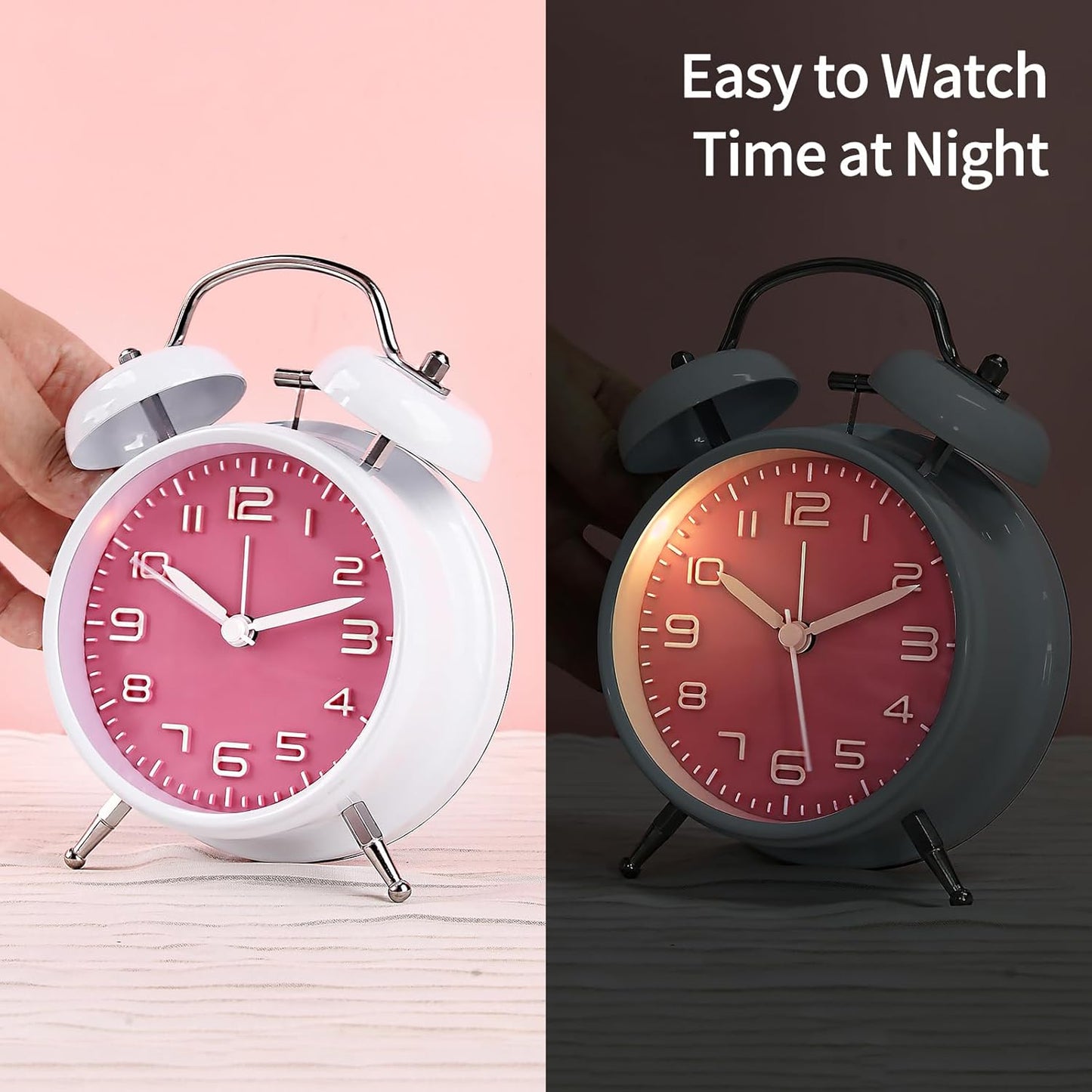 pxy Loud Alarm Clock for Heavy Sleepers 3D Dial Battery Operated (Battery Include), 4" Super Silent Analog Alarm Clock for Kids with Night Light PT260 Silver OrangePT505 White Pink