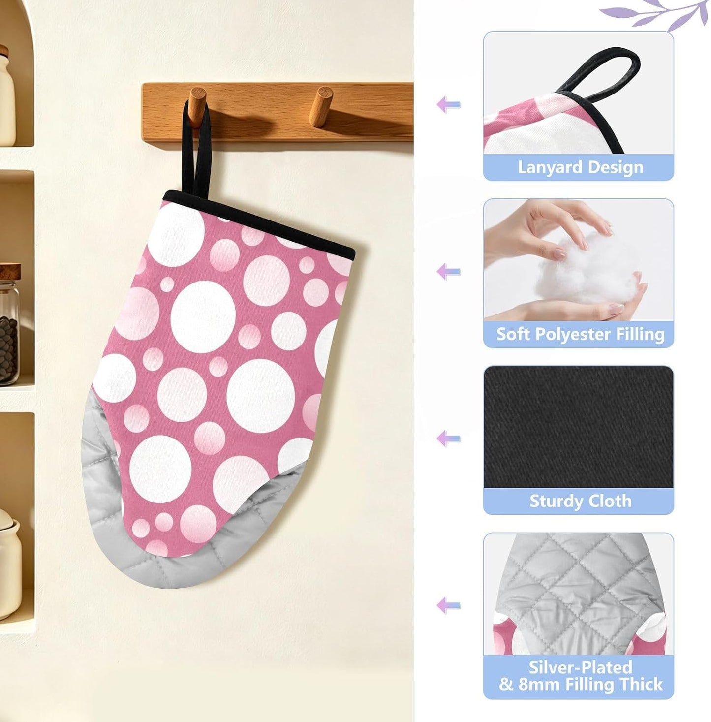 Oven Mitt 2 Pack Set Polka Dots on Pink Kitchen Mitts Gloves for for Cooking Baking Grilling