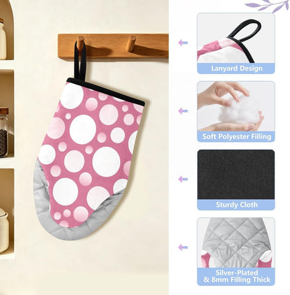 Oven Mitt 2 Pack Set Polka Dots on Pink Kitchen Mitts Gloves for for Cooking Baking Grilling