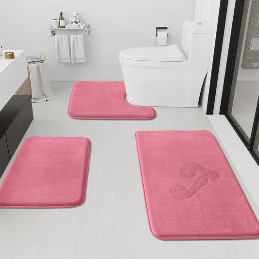 HUXMEYSON Bathroom Rugs Sets 3 Piece, Non-Slip & Quick Dry Bath Mat Set, Ultra Soft Velvet Bath Rugs for Bathroom, Toilet and Shower Floor, Pink