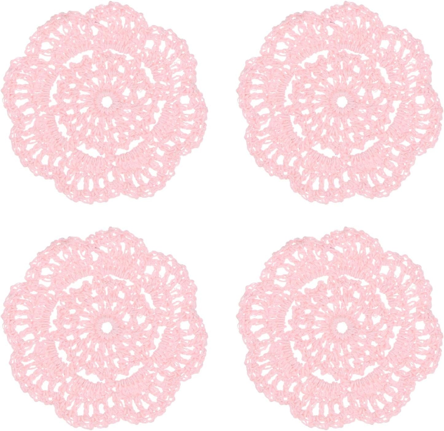 M METERXITY 4-Pack Handmade Crochet Coasters, 4Inch/10cm Round Cotton Placemats for Table/Cup/Bowl/Vase/Tea Trays/Home Decoration, Lace Doilies Place Mats [Light Pink]