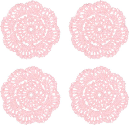M METERXITY 4-Pack Handmade Crochet Coasters, 4Inch/10cm Round Cotton Placemats for Table/Cup/Bowl/Vase/Tea Trays/Home Decoration, Lace Doilies Place Mats [Light Pink]