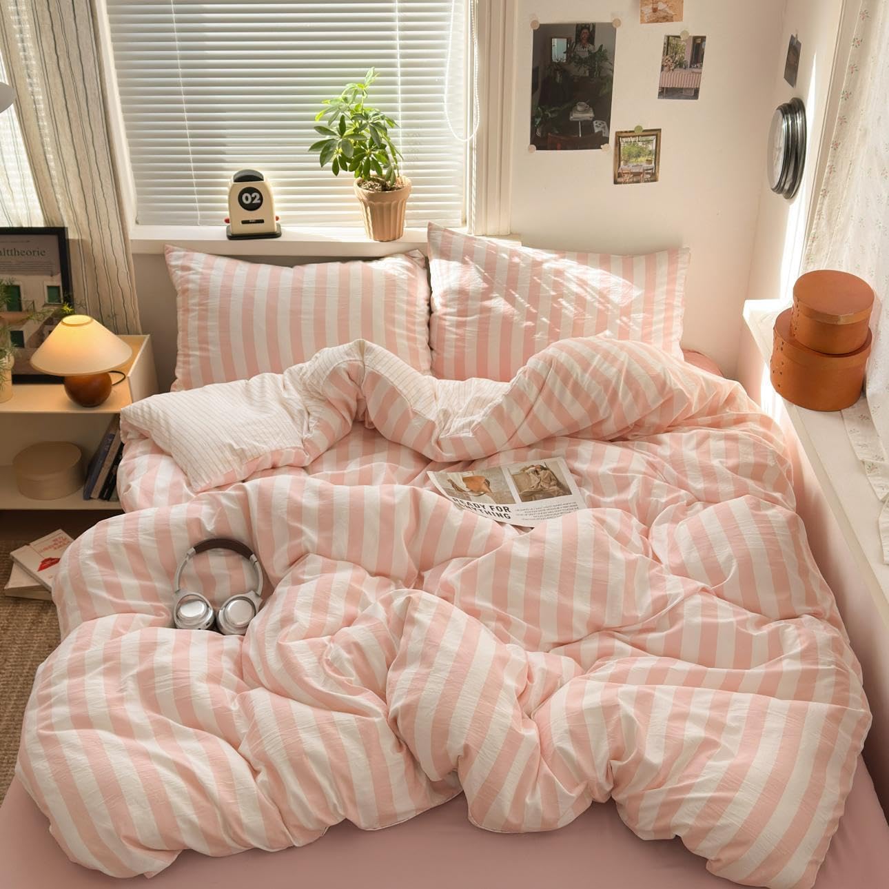 Striped Comforter Set Queen 3 Pieces Pink Stripes Bedding Set, Peach Pink White Striped Design, 100% Microfiber, Super Soft Lightweight Comforter with 2 Pillowcases, All Season