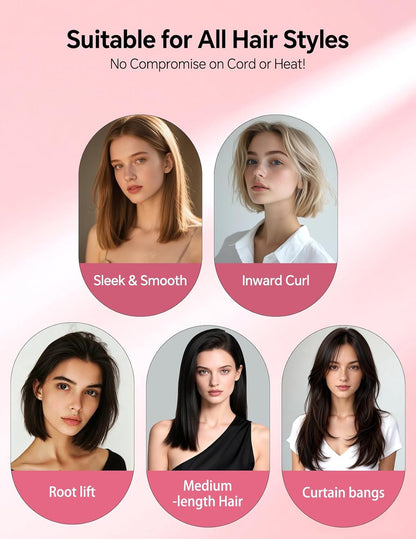 LANDOT Mini Hair Straightening Brush – Portable Heated Ionic Straightener Brush for Short to Medium Hair, 30s Fast Heat, Lightweight Hot Comb for Travel, Blush Pink