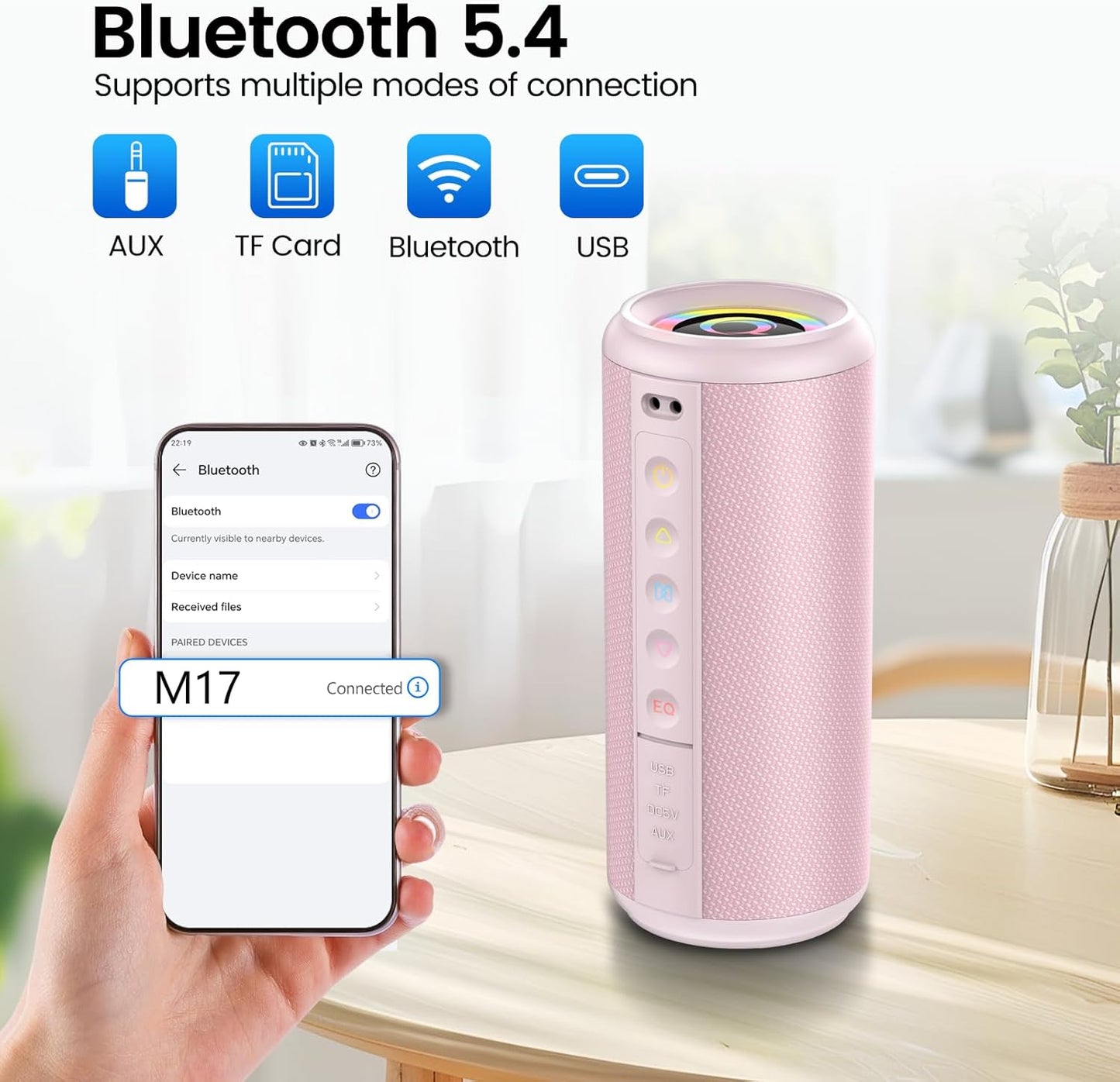 Portable Bluetooth Speaker, 2026 Bluetooth 5.4 Wireless Speaker with 20W HD Loud Stereo Sound, 20H Playtime, LED Lights, IP7, TWS Pairing, Built-in Mic, for Outdoor, Home, Beach, Party, Gift, Pink