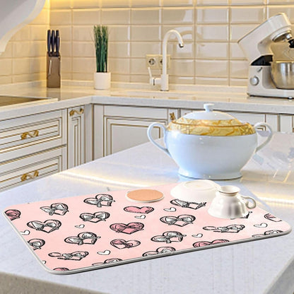 Dish Drying Mat for Kitchen Counter Light Pink Heart Bows Valentine Day Absorbent Drying Dish Mat 16×18 inch Dish Rack Pad Coffee Mat for Sink Dishes Under Rack