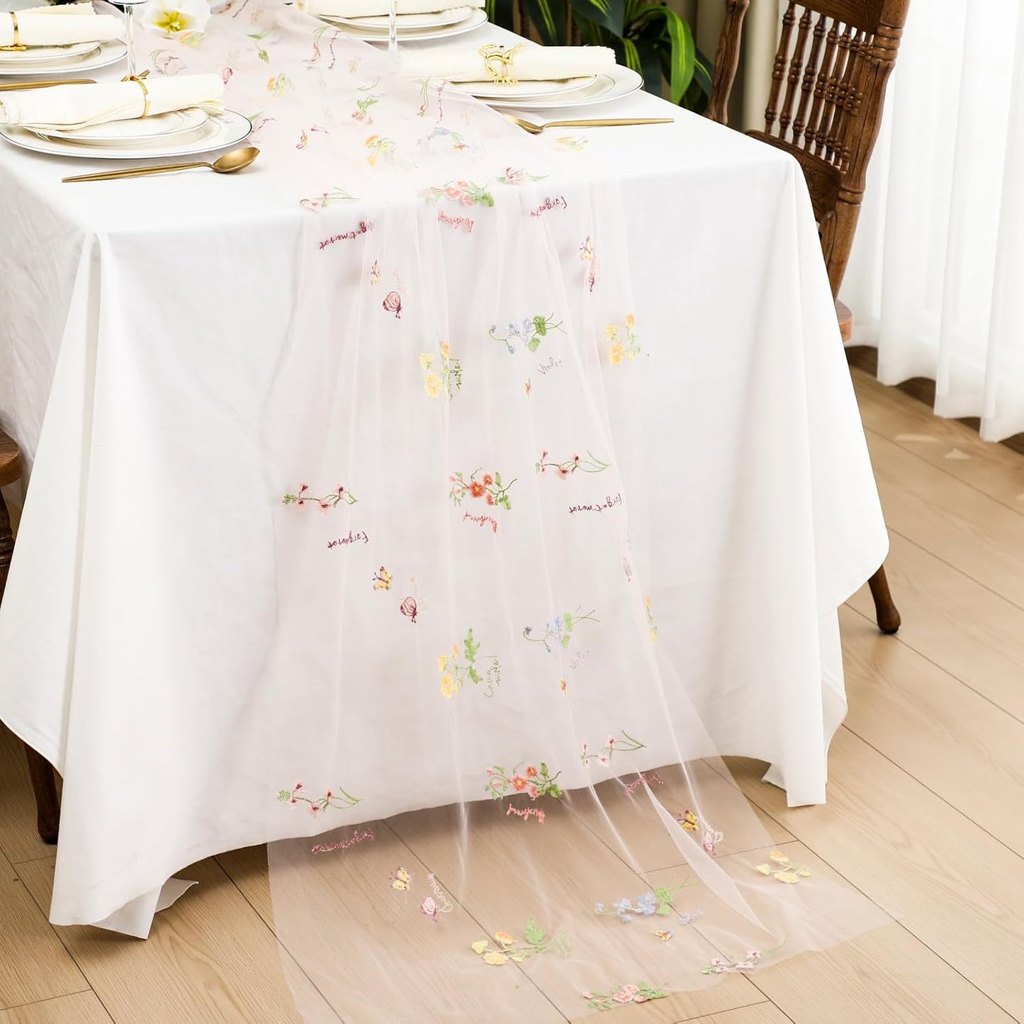 Remagr 9.8 ft Pink Flower Tulle Table Runner Embroidery Seasonal Table Decorations Tulle Fabric for Home Indoor Decor, Bridal Shower Wedding, Baby Shower Parties, Holiday DIY Craft Kitchen Decor
