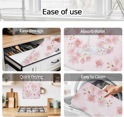 Pink Floral Dish Drying Mat for Kitchen Counter Modern Farmhouse Aesthetic Shabby Chic Flower Baby Microfiber Drying Pad, Absorbent Coffee Cup Dishes Drainer Mats 18"x24", 1 Pcs