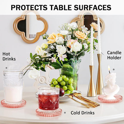 Modern Glass Coasters, GOH DODD Set of 6 Crystal Coasters Tabletop Protection for Drinks, Home Decor, Kitchen, Living Room, Patio, Wedding, Party, Housewarming Gifts, Clear Pink