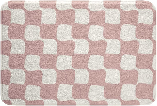 jejeloiu Checkered Grid Bathroom Rugs Microfiber 16"x24" Buffalo Plaid Bath Mats Non-Slip Pink White Bathroom Accessories Geometric Floor Doormats Soft Door Mat