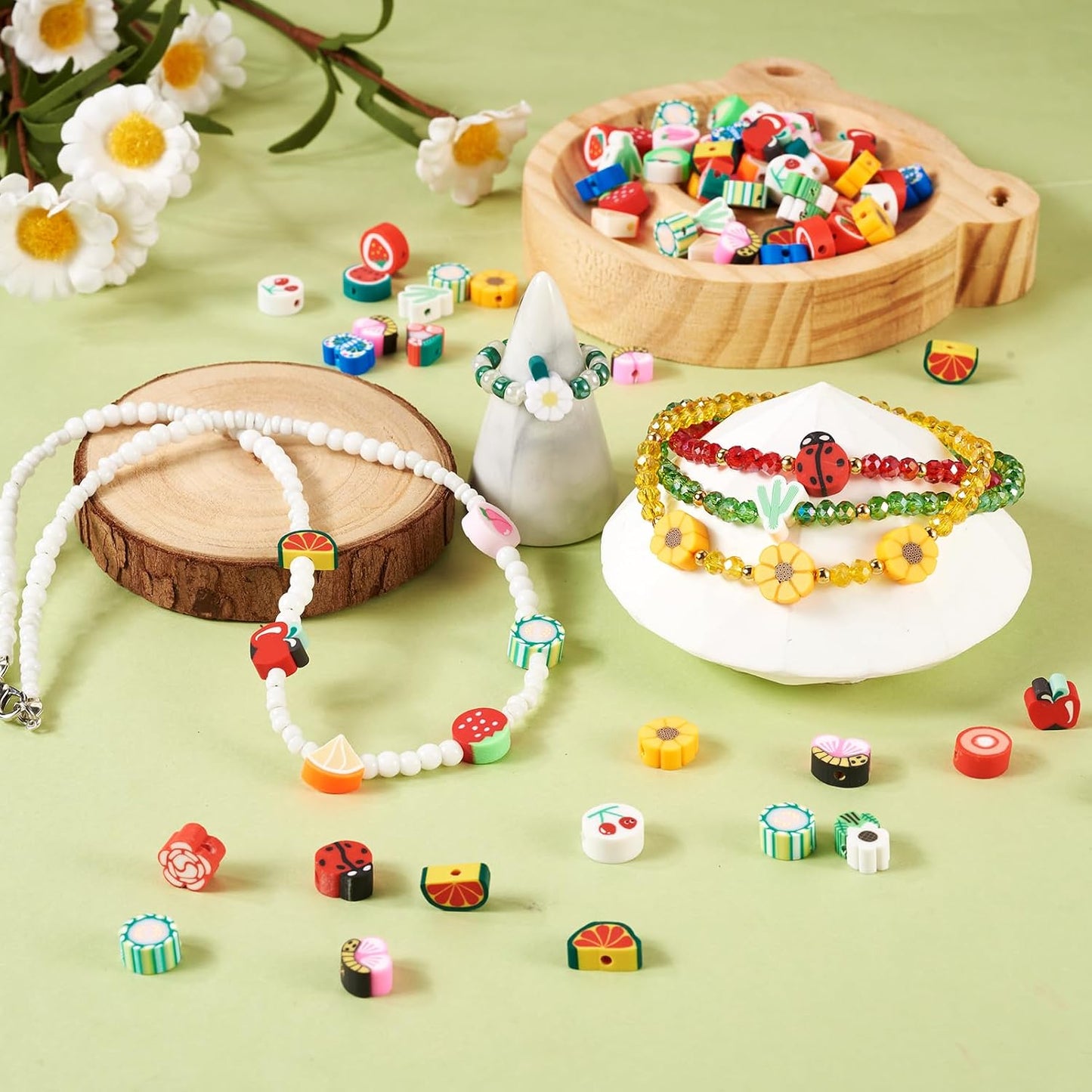 200pcs Polymer Clay Beads Fruit Flower Slice Heishi Beads for Jewelry Making Assorted Apple Peach Dasiy Handmade Spacer Loose Bulk for Spring Friendship Bracelets Keychain DIY