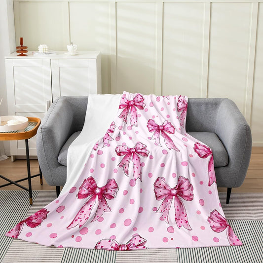 Erosebridal Pink Princess Bow Fleece Blanket Baby 30"x40" Cute Coquette Bowknot Flannel Blanket Kawaii Ribbon Bow Fuzzy Plush Throw for Kids Girls Adults,Pink Watercolor Polka Dot Decor for Bed Couch
