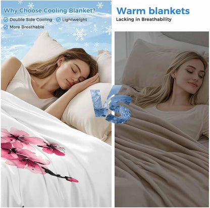 Pink Flowers Cooling Blanket, Lightweight Breathable Summer Throw Blanket with Double Sided Cold Effect, Watercolor Blossoms Florals Branches Picnic Beach Blankets Bed Sheet for Hot Sleepers 40"x60"