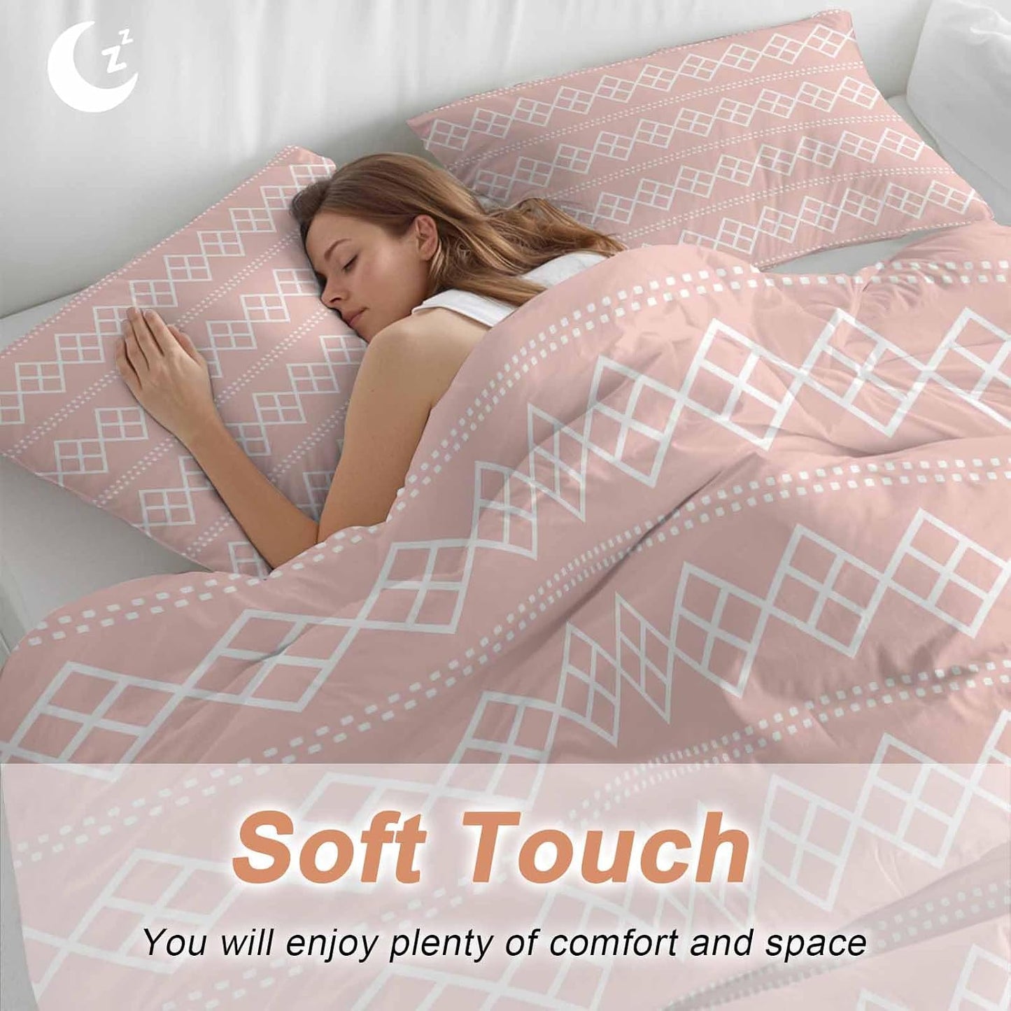 Peach Pink Checkered Full Bed Sheet Set - 3 Pieces (1 Fitted Sheet + 2 Pillowcases), Soft Microfiber Abstract White Geometric Argyle Stripe Sheets with Deep Pockets Decorative Bedding Set
