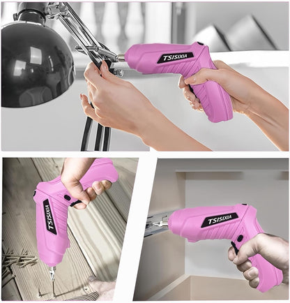 Electric Cordless Screwdriver with Offset Driving Shaft, 4.2V Automatic Rechargeable Screw Driver with 47PCS Bits, Battery Powered Automatic Screw Gun with LED Light & Carry Case Pink Screwdriver Set