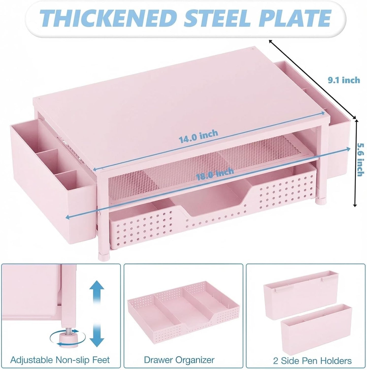 OPNICE Desk Organizers and Accessories, 2-Tier Computer Monitor Stand Riser with Drawer and 2 Pen Holders, Laptop Stand, Office Desk Accessories for Office Supplies, Pink
