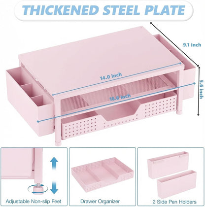 OPNICE Desk Organizers and Accessories, 2-Tier Computer Monitor Stand Riser with Drawer and 2 Pen Holders, Laptop Stand, Office Desk Accessories for Office Supplies, Pink