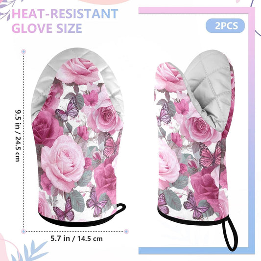 Oven Mitt 2 Pack Set Vivid Pink Rose Flowers Kitchen Mitts Gloves for for Cooking Baking Grilling