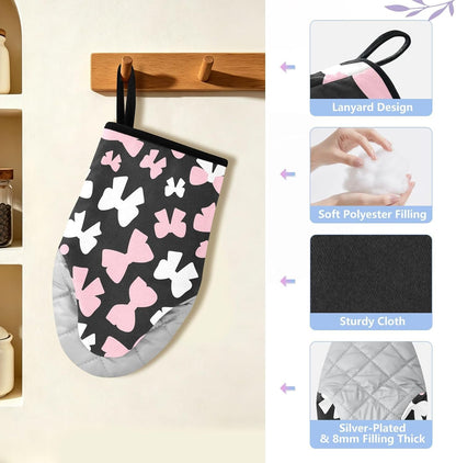 Oven Mitt 2 Pack Set Pink and White Bow Kitchen Mitts Gloves for for Cooking Baking Grilling