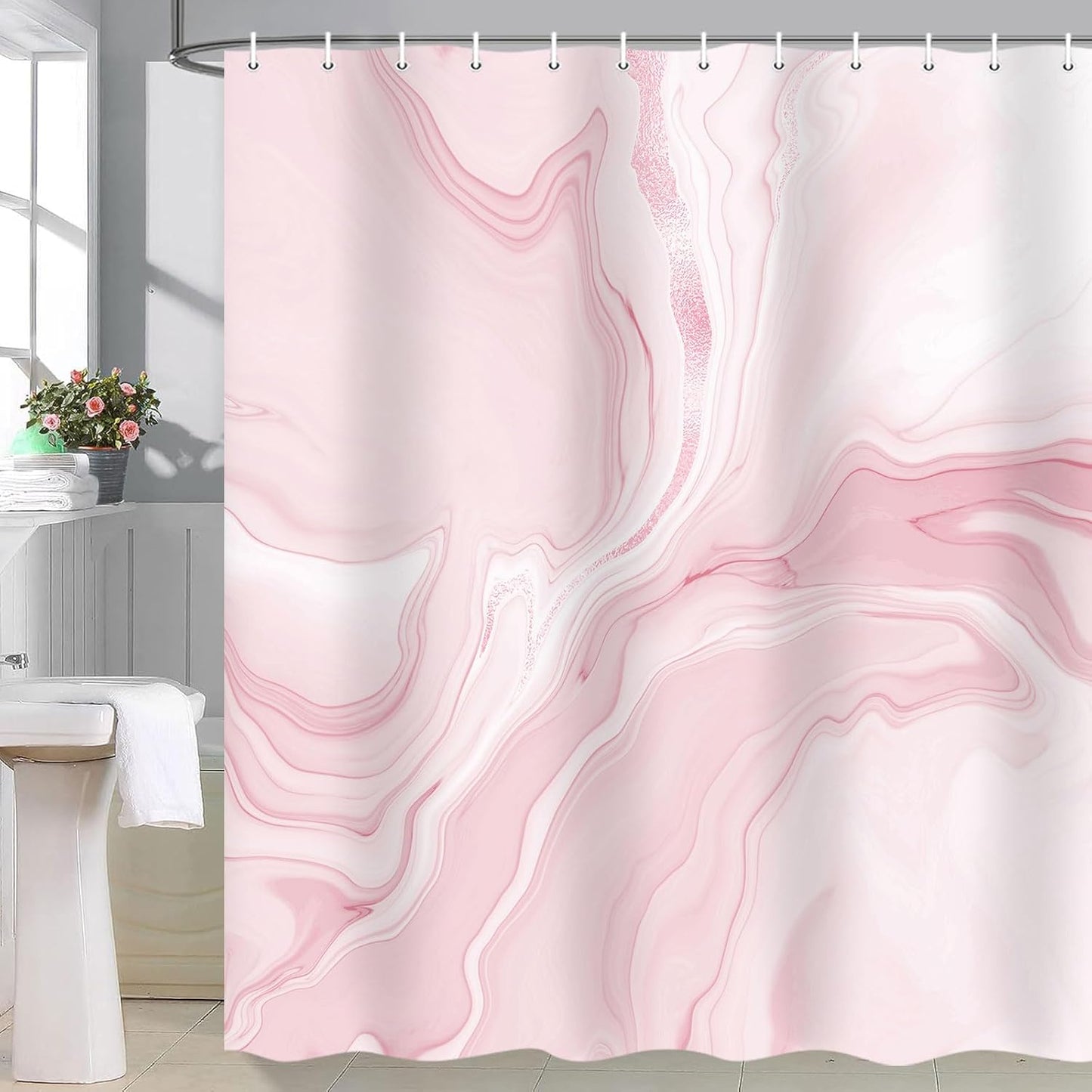 MERCHR Pink Marble Shower Curtain, Abstract Modern Shower Curtains for Bathroom Decor, Aesthetic Ink Art Chic Elegant Waterproof Fabric Shower Curtain Set with Hooks, 72x72 Inch
