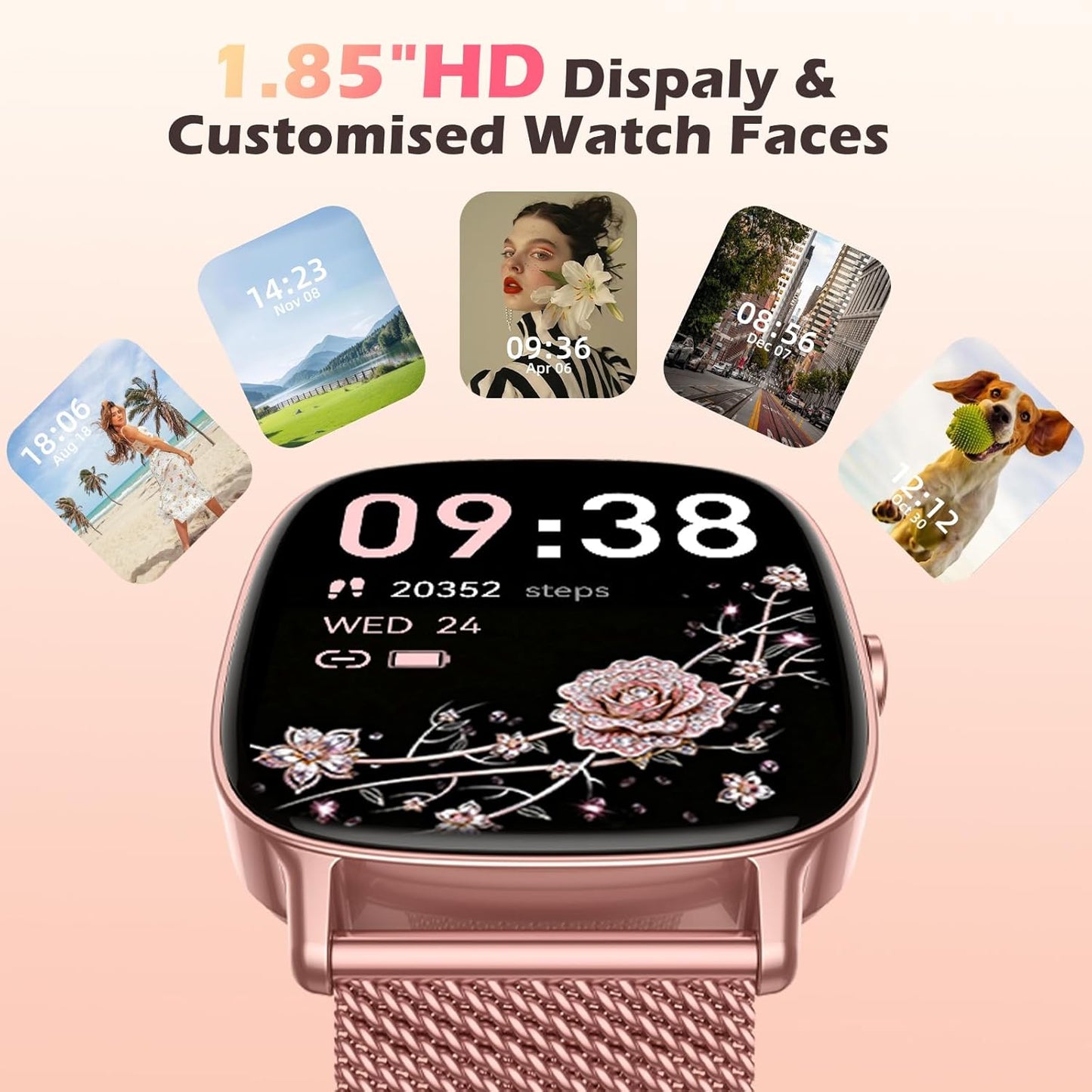 Smart Watch for Women, Answer/Make Call,1.85'' Ultra-Clear Screen Fitness Tracker with Heart Rate/Sleep/SpO2 Monitor,Smartwatch for iPhone/Samsung/Android,120+ Sport Modes,IP68 Waterproof with 2 Bands