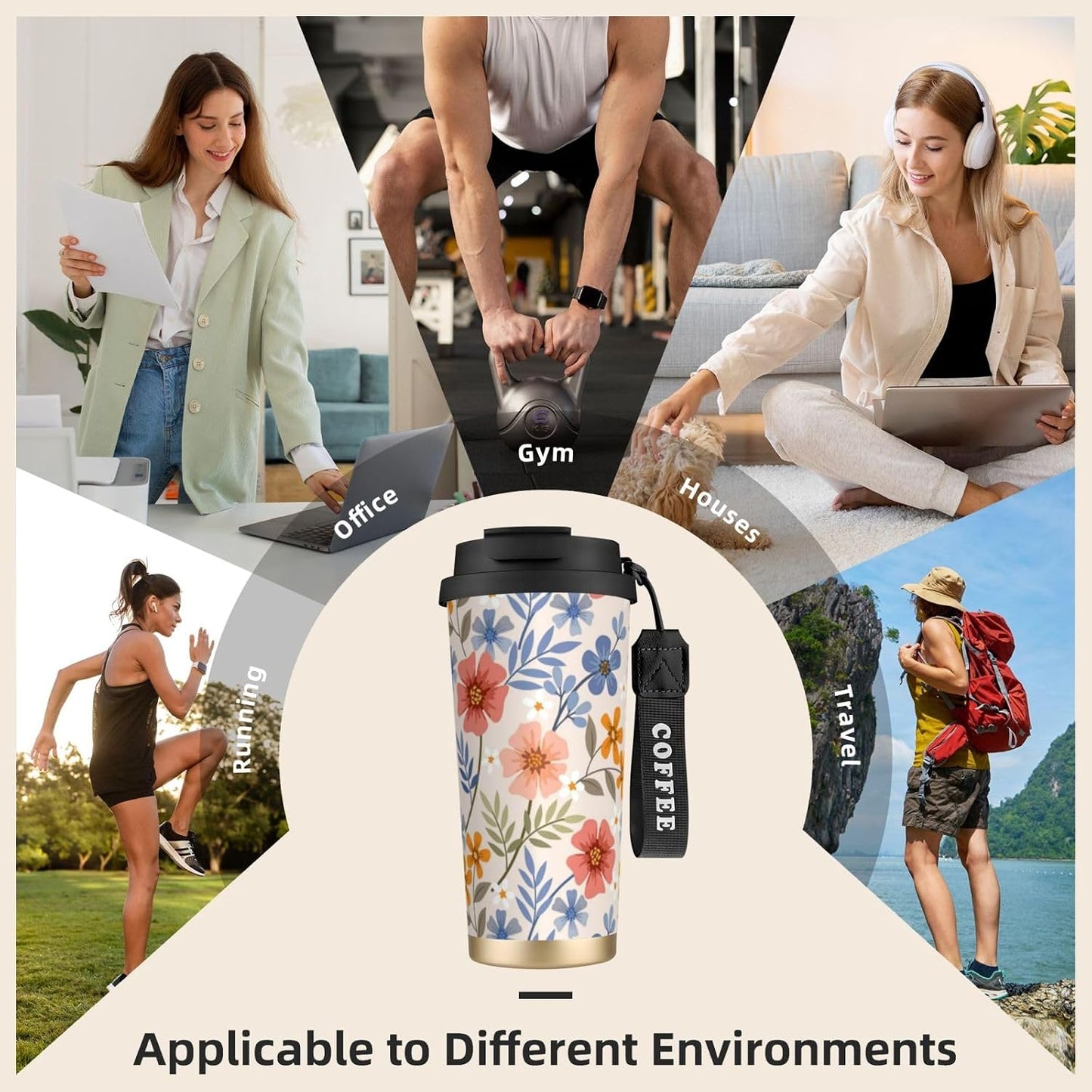 Peach And Blue Floral Pattern Portable Thermal Tumbler | Dual Flip Access Lid 316 Stainless Steel Insulated Travel Cup Portable Coffee Tumbler for Road Trips
