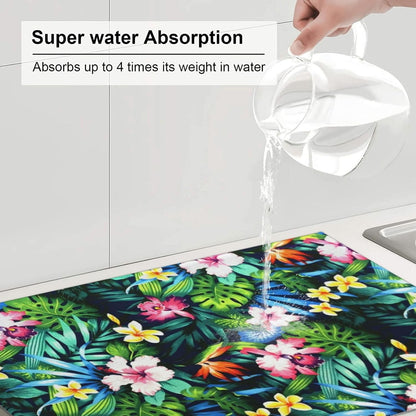 Light Pink Floral Dish Drying Rack Mat for Kitchen Accessories Counter, Flowers Blossom Microfiber Coffee Decor Bar Station Mats Dish Draining Washable Foldable Extra Large 18"x24" Silicone Rubber