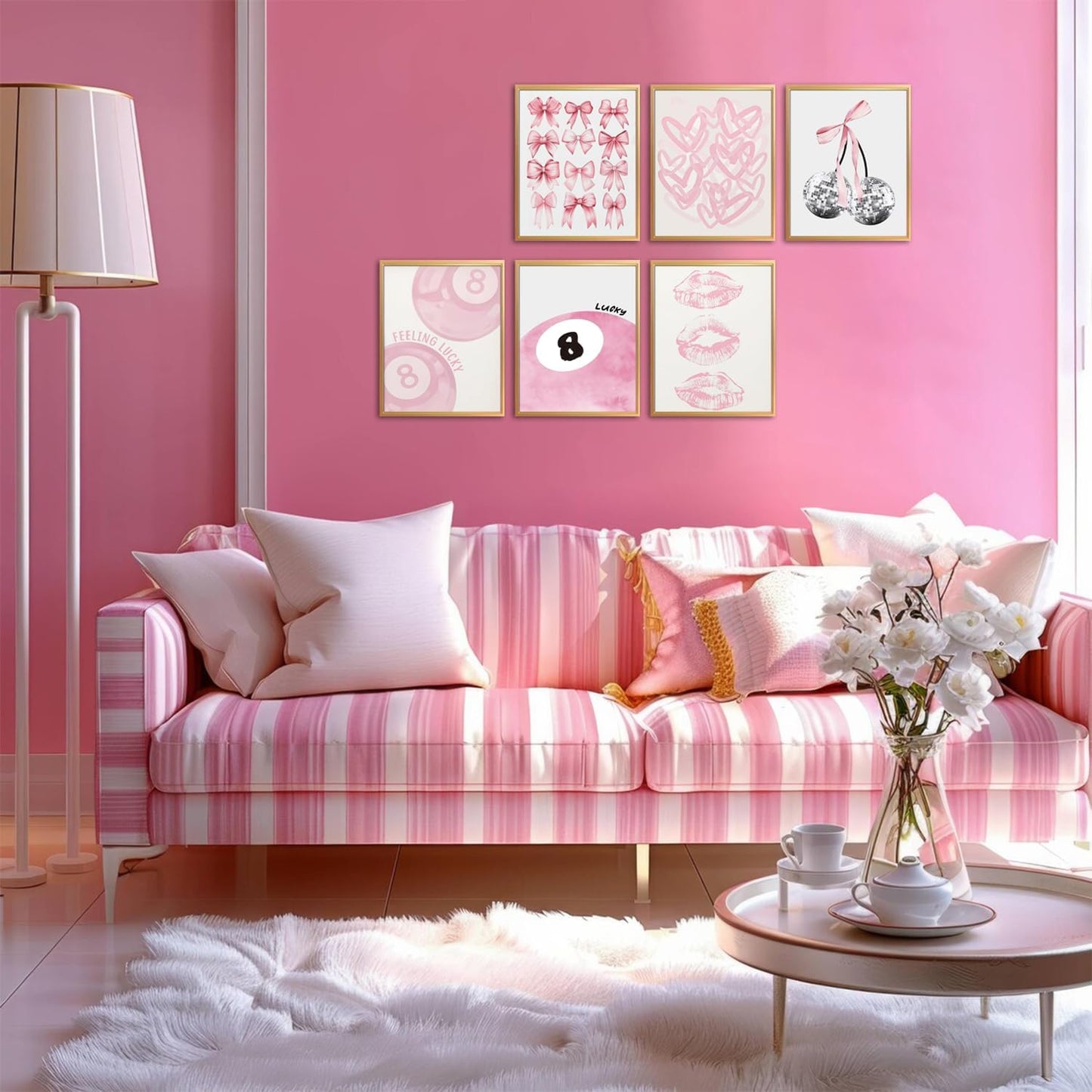 Cute Pink Girl Poster Set of 6, Light Pink Coquette Wall Art Trendy Lucky 8 Ball Wall Decor Paintings Pastel College Apartment Bedroom Living Room Dorm 8x10 inch Unframed