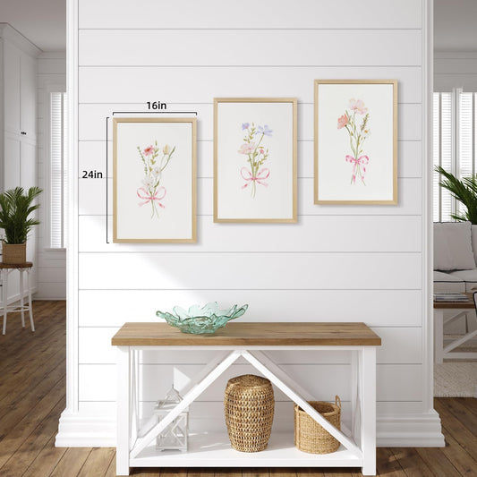 Msziryn Wood Framed Pink Floral Wall Art Set of 3, Coquette Bow Botanical Poster Print, Soft Pastel Wildflower Decor, Minimalist Cottagecore Flower Artwork for Bedroom Bathroom Nursery 12x16 Inch