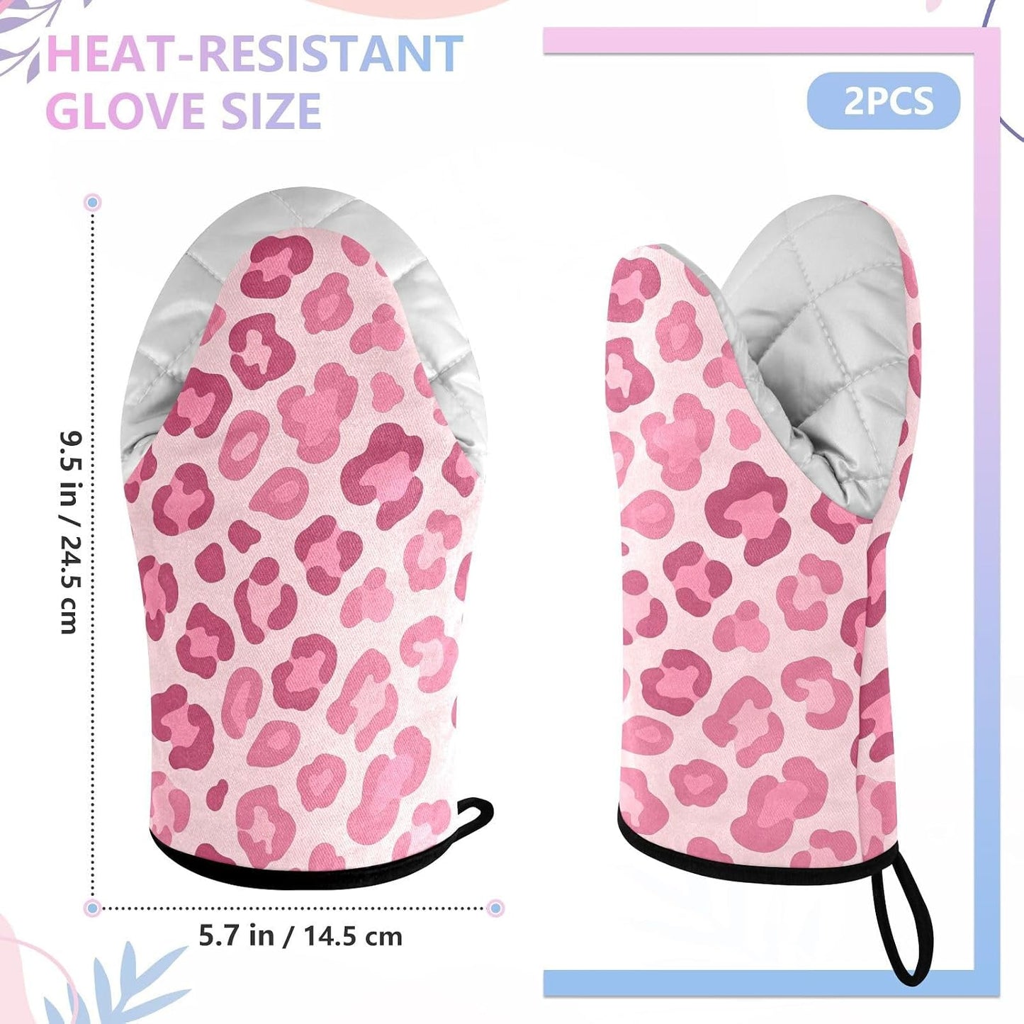 Oven Mitt 2 Pack Set Cute Pink Leopard Print Kitchen Mitts Gloves for for Cooking Baking Grilling