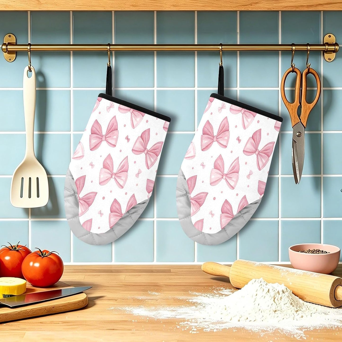 Bows Pink Non-Slip Oven Mitts Set Heat Resistant Kitchen Gloves with Quilted Liner Cotton Machine Washable with Hanging Loop for Baking Grilling BBQ