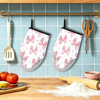 Bows Pink Non-Slip Oven Mitts Set Heat Resistant Kitchen Gloves with Quilted Liner Cotton Machine Washable with Hanging Loop for Baking Grilling BBQ