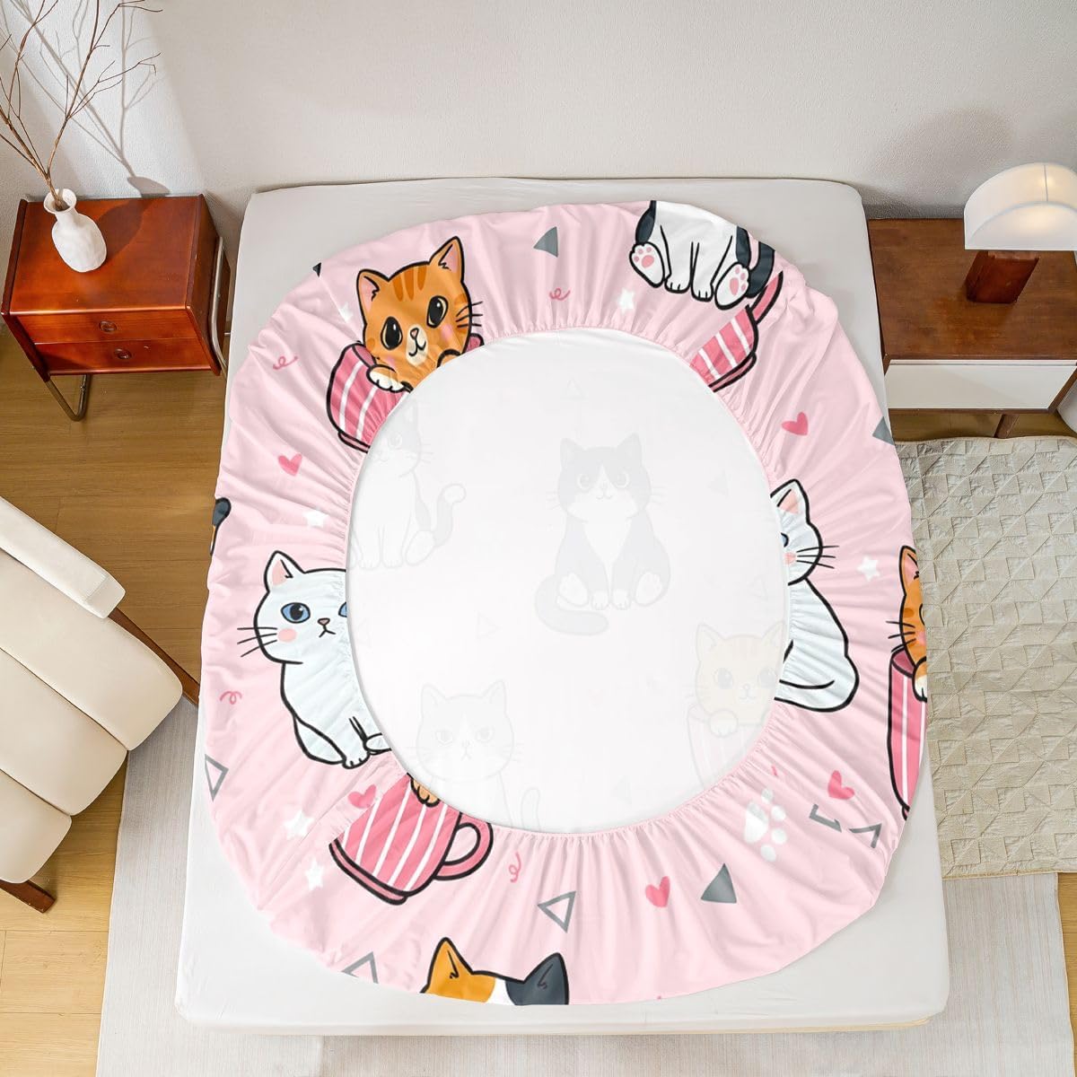 Manfei Cartoon Cute Cat Bed Sheet Mug Kitten Paw Print Bedding Sets (1 Fitted,1 Flat,2 Pillowcases) Heart Sweet Kawaii Luxury Deep Pocket Bed Sheets Kids Boys Girls Queen Peach Pink
