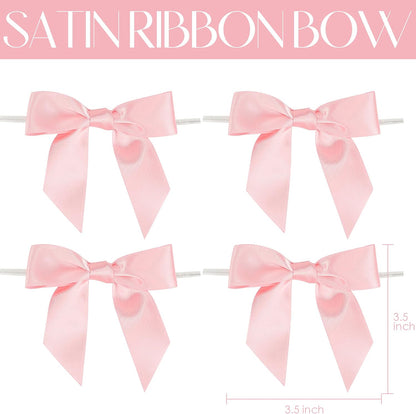 AIMUDI Baby Pink Satin Ribbon Bows 3.5" Light Pink Pretied Twist Tie Bows for Treat Bags Cake Pop Gift Wrapping Basket Wedding Favors Cookie Candy Bagging Baby Shower - 50 Counts