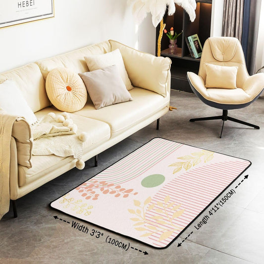Erosebridal Boho Abstract Pink Area Rug 3x5 Mid Century Minimalist Modern Rug for Bedroom Living Room Golden Tropical Leaves Geometric Carpet Decor Bohemian Contemporary Aesthetic Indoor Floor Mat