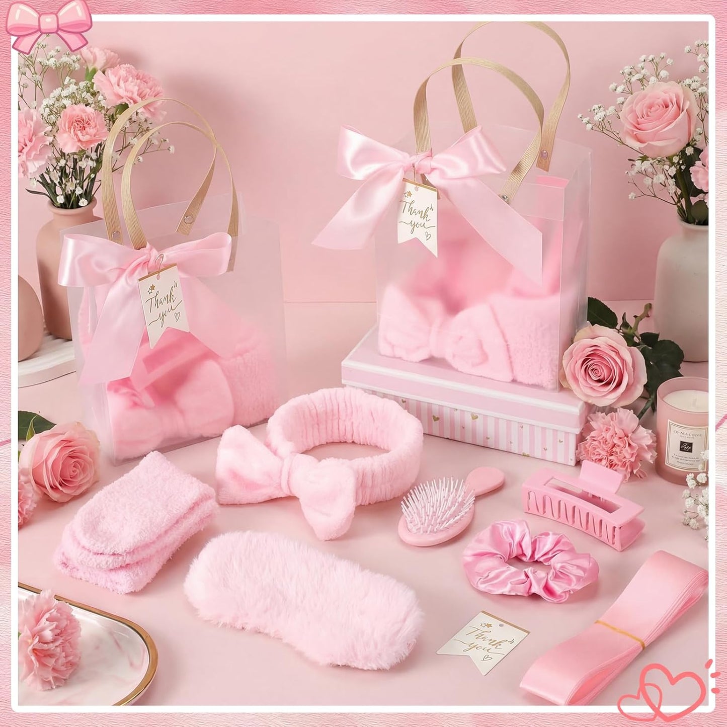 Riceshoot 84 Pcs Sleepover Party Supplies for Girls, Includes Socks Eye Masks Headbands Scrunchies Hair Brushes Hair Claw Clip Gift Bags for Baby Shower Wedding Slumber Spa Party Gift (Pink)