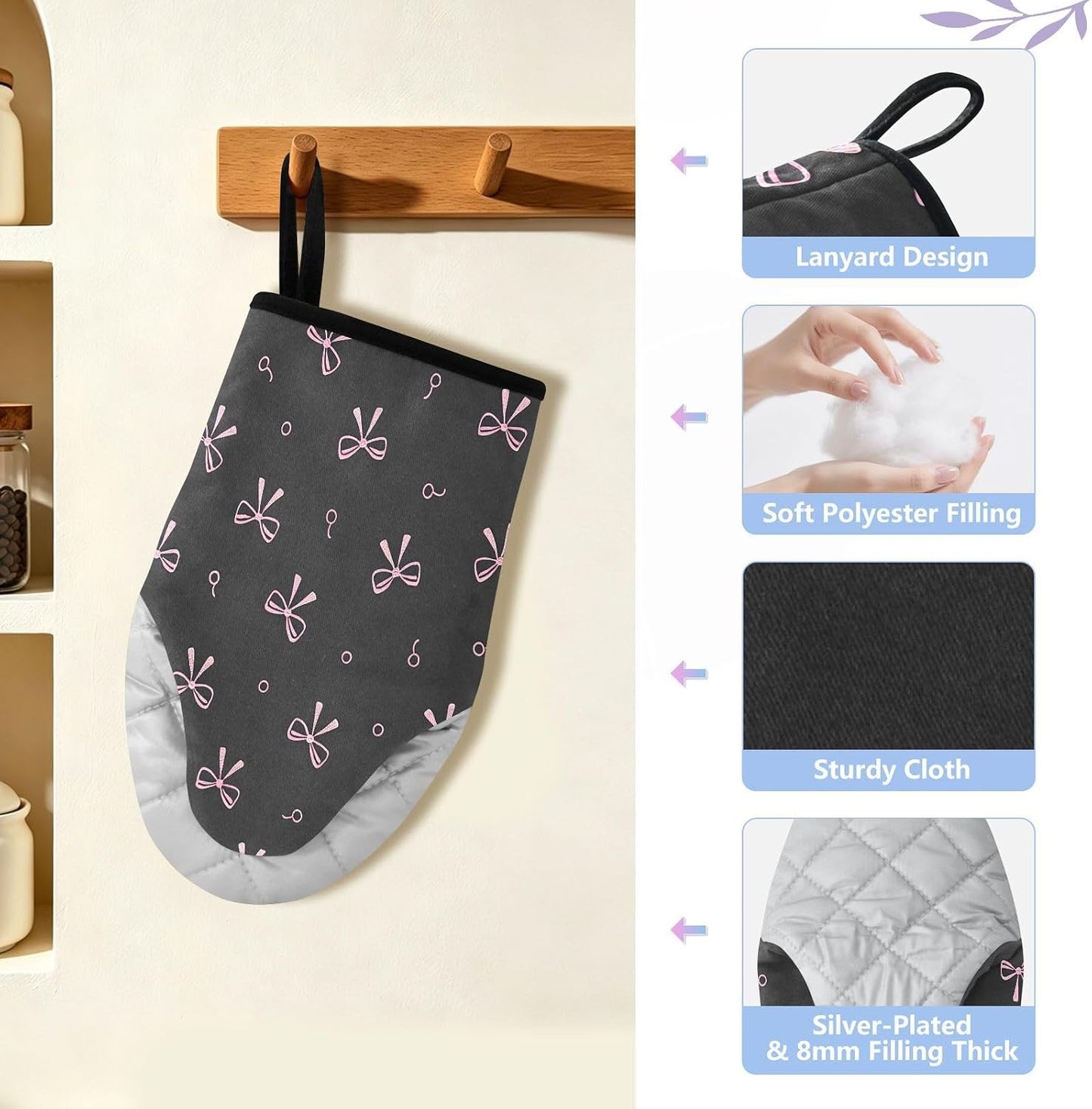 Pink Bows Black Non-Slip Oven Mitts Set Heat Resistant Kitchen Gloves with Quilted Liner Cotton Machine Washable with Hanging Loop for Baking Grilling BBQ