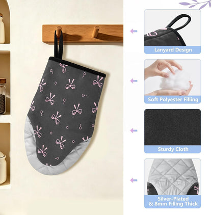 Pink Bows Black Non-Slip Oven Mitts Set Heat Resistant Kitchen Gloves with Quilted Liner Cotton Machine Washable with Hanging Loop for Baking Grilling BBQ