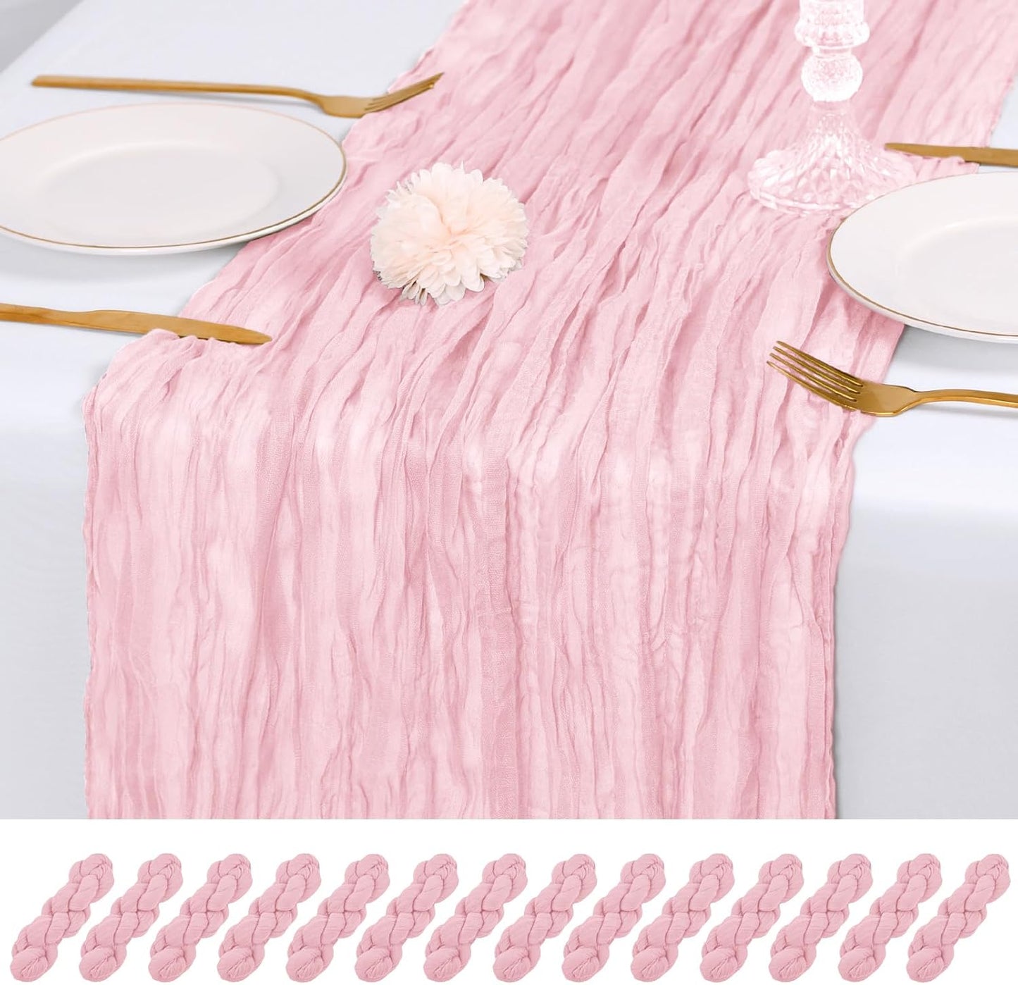14 Pack Light Pink Cheesecloth Table Runner 17x108 Inch Semi Sheer Boho Gauze Cheese Cloth Fabric Table Runners, for Wedding Party Baby Shower Birthday Home Decor Garden Farmhouse