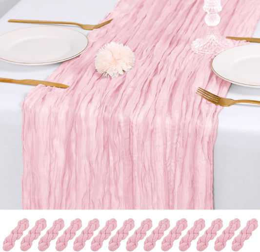 14 Pack Light Pink Cheesecloth Table Runner 17x108 Inch Semi Sheer Boho Gauze Cheese Cloth Fabric Table Runners, for Wedding Party Baby Shower Birthday Home Decor Garden Farmhouse