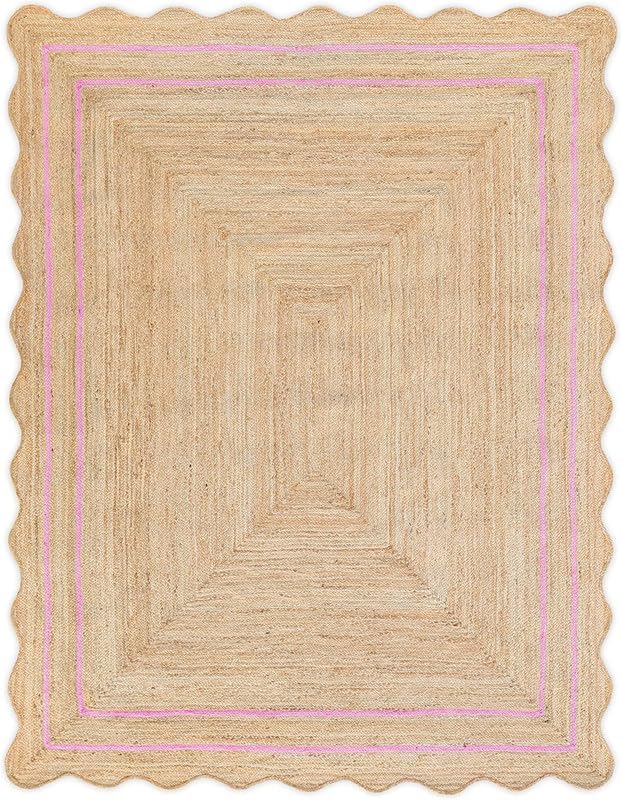 Scalloped Natural Jute Rug 2'x3' Ft – Handwoven Boho Farmhouse Area Rug, Braided Eco Friendly Entryway Rug, Natural Fiber Carpet for Living Room & Bedroom, (Light Pink, 2'x3')