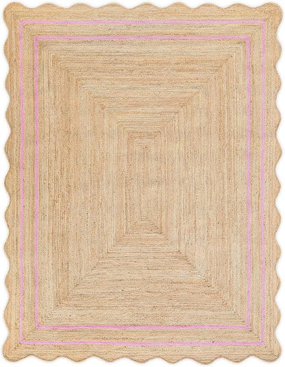 Scalloped Natural Jute Rug 2'x3' Ft – Handwoven Boho Farmhouse Area Rug, Braided Eco Friendly Entryway Rug, Natural Fiber Carpet for Living Room & Bedroom, (Light Pink, 2'x3')