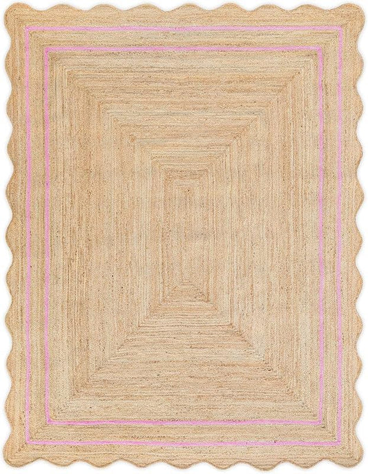 Scalloped Natural Jute Rug 2'x3' Ft – Handwoven Boho Farmhouse Area Rug, Braided Eco Friendly Entryway Rug, Natural Fiber Carpet for Living Room & Bedroom, (Light Pink, 2'x3')