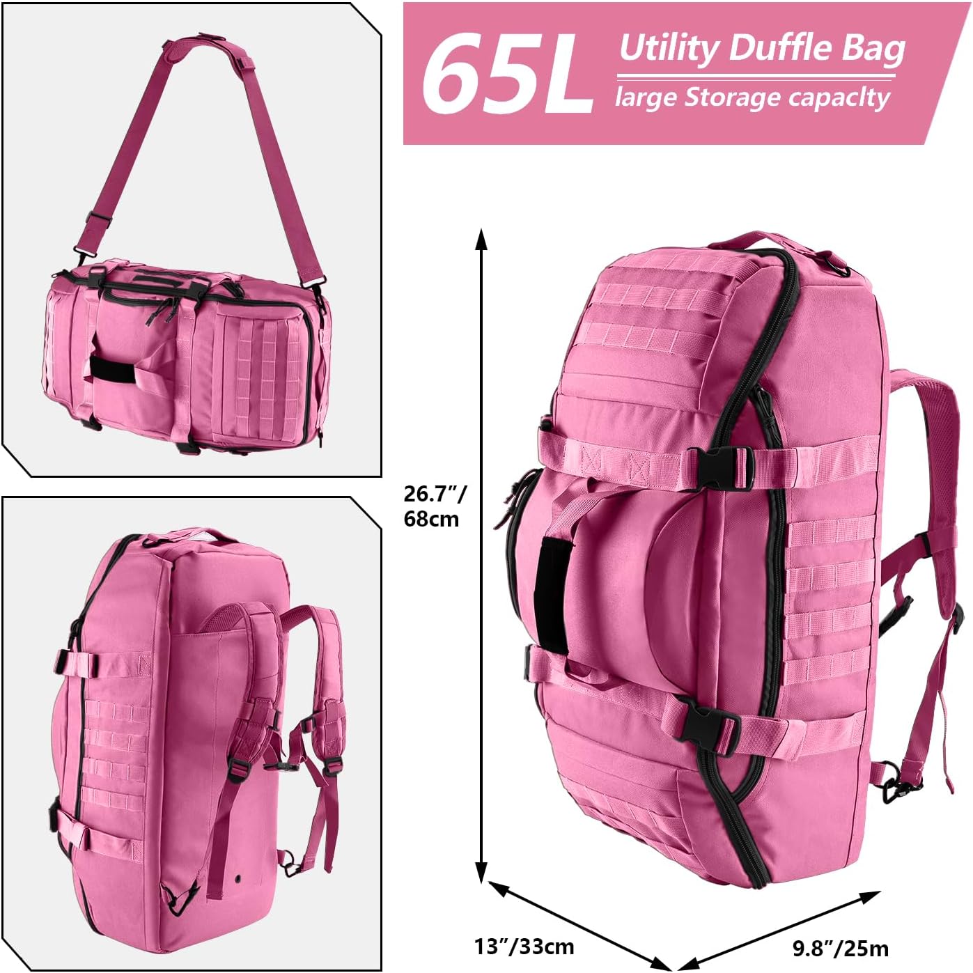 Hannibal Tactical 65L Large Duffle Bag, 3-in-1 Tactical Backpack MOLLE Pack for Sports, Gym, Outdoor, Pink