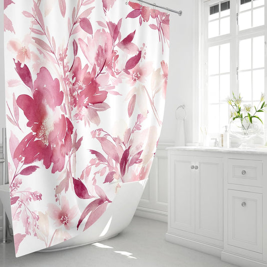 MAYZUS Pink Flower Shower Curtain, Hot Pink Watercolor Floral Shower Curtains for Bathroom, Modern Abstract Ink Decorative Fabric Shower Curtain Set with Hooks 72x72