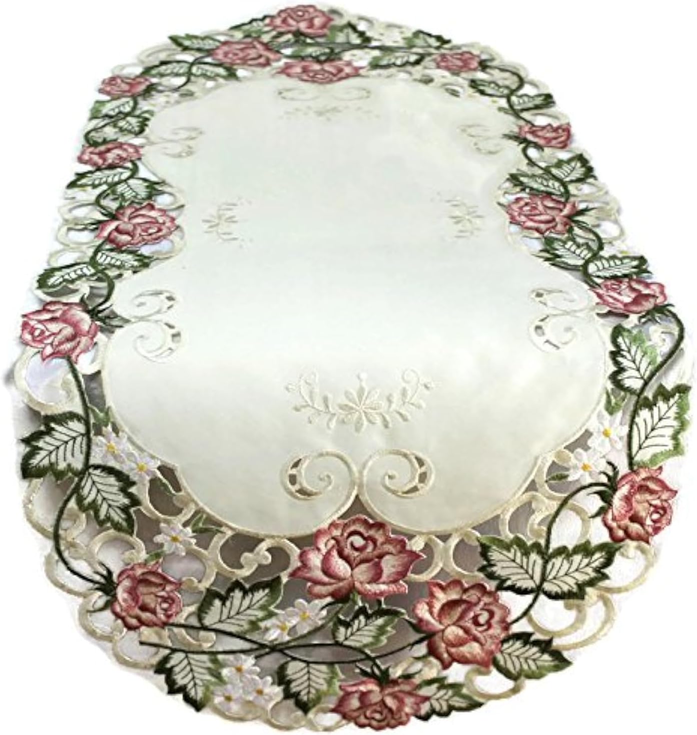 Table Runner Embroidered with Victorian Pink Roses on Ivory Material, Size 34 x 14 inches