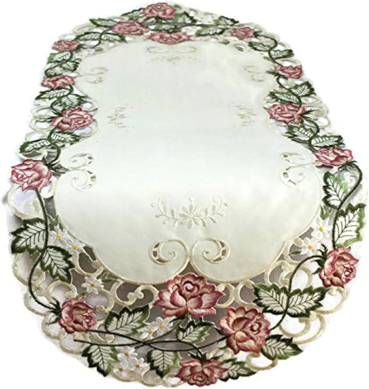 Table Runner Embroidered with Victorian Pink Roses on Ivory Material, Size 34 x 14 inches